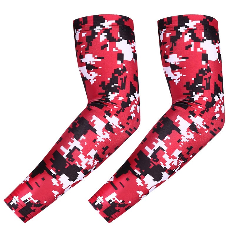 HDE Arm Compression Sleeves for Kids Basketball Shooting Sleeve Youth Sports Cooling Sun Protection Football Baseball 1 Pair Red Digital Camo - YM - Image 2